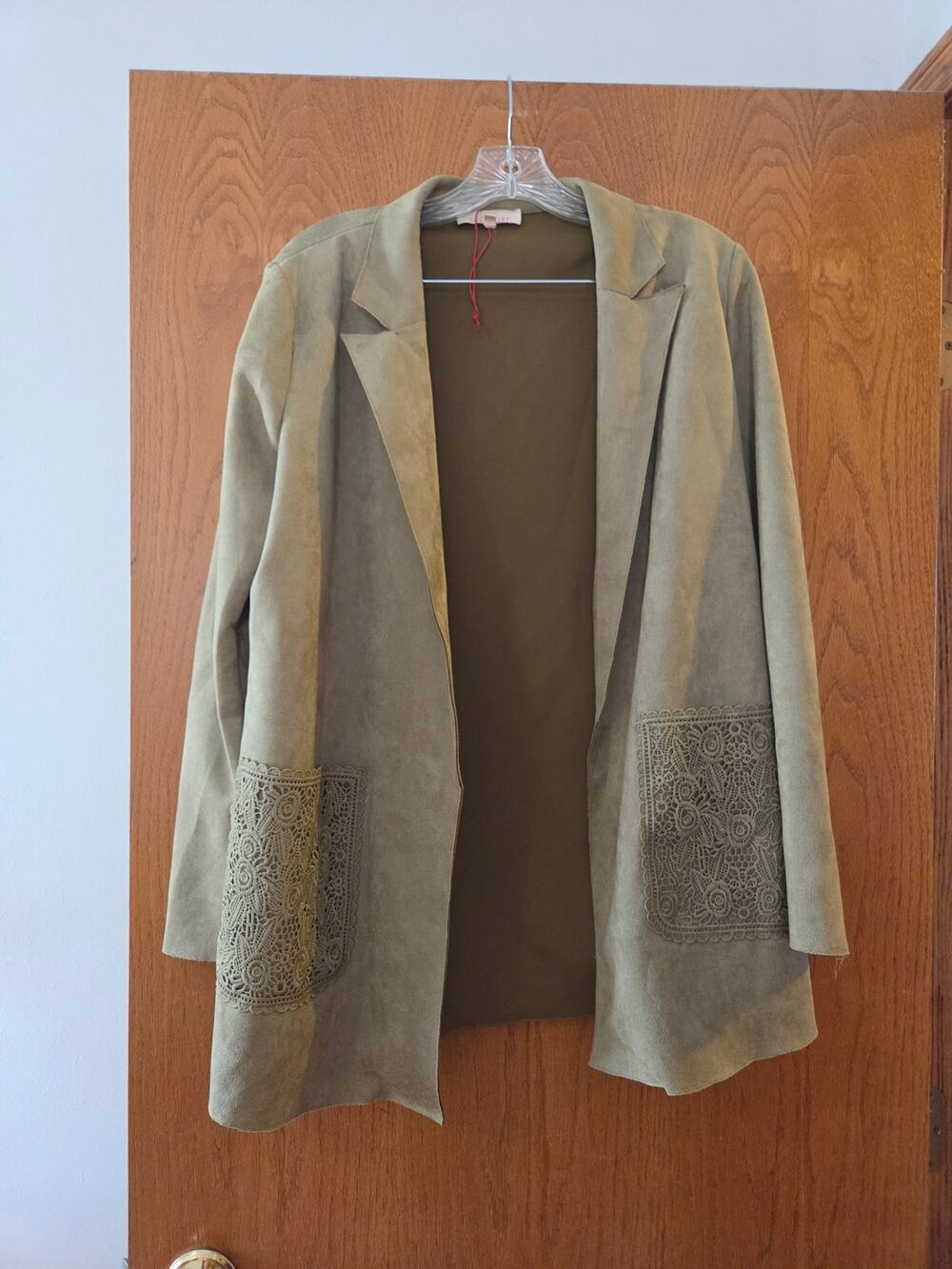 Solitaire Faux Suede Sage Green Soft Long Lace Detail Pocket Open Jacket NWOT M